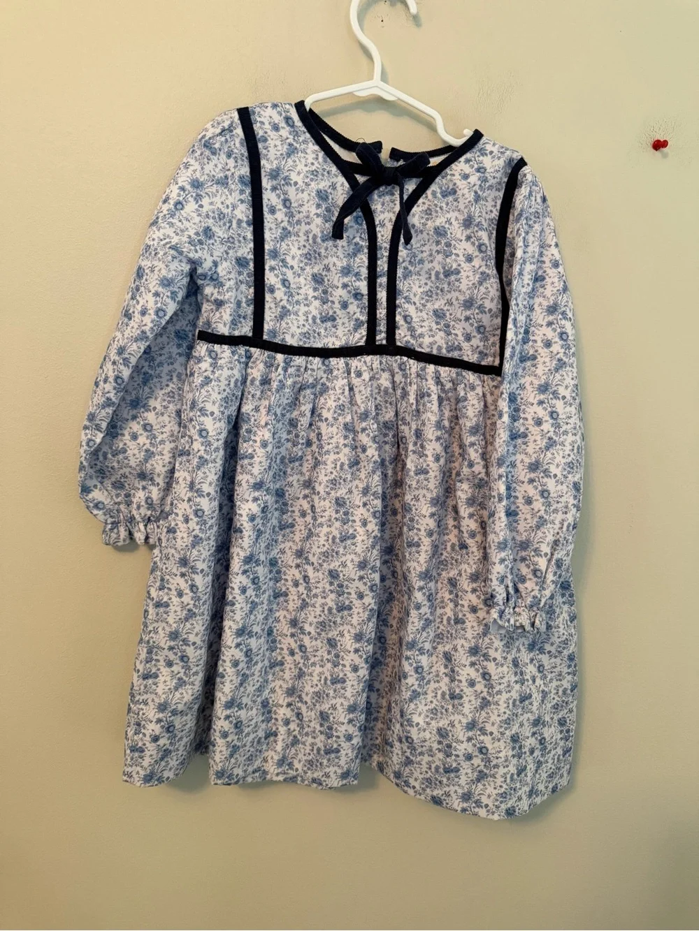 Busy Bees Smocks Blue Floral Long-Sleeve Dress with Navy Trim